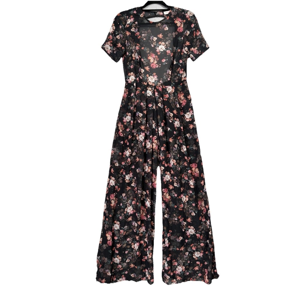 Black Floral Jumper Women M Coverup Keyhole Back Sheer Vacay Boho Festival